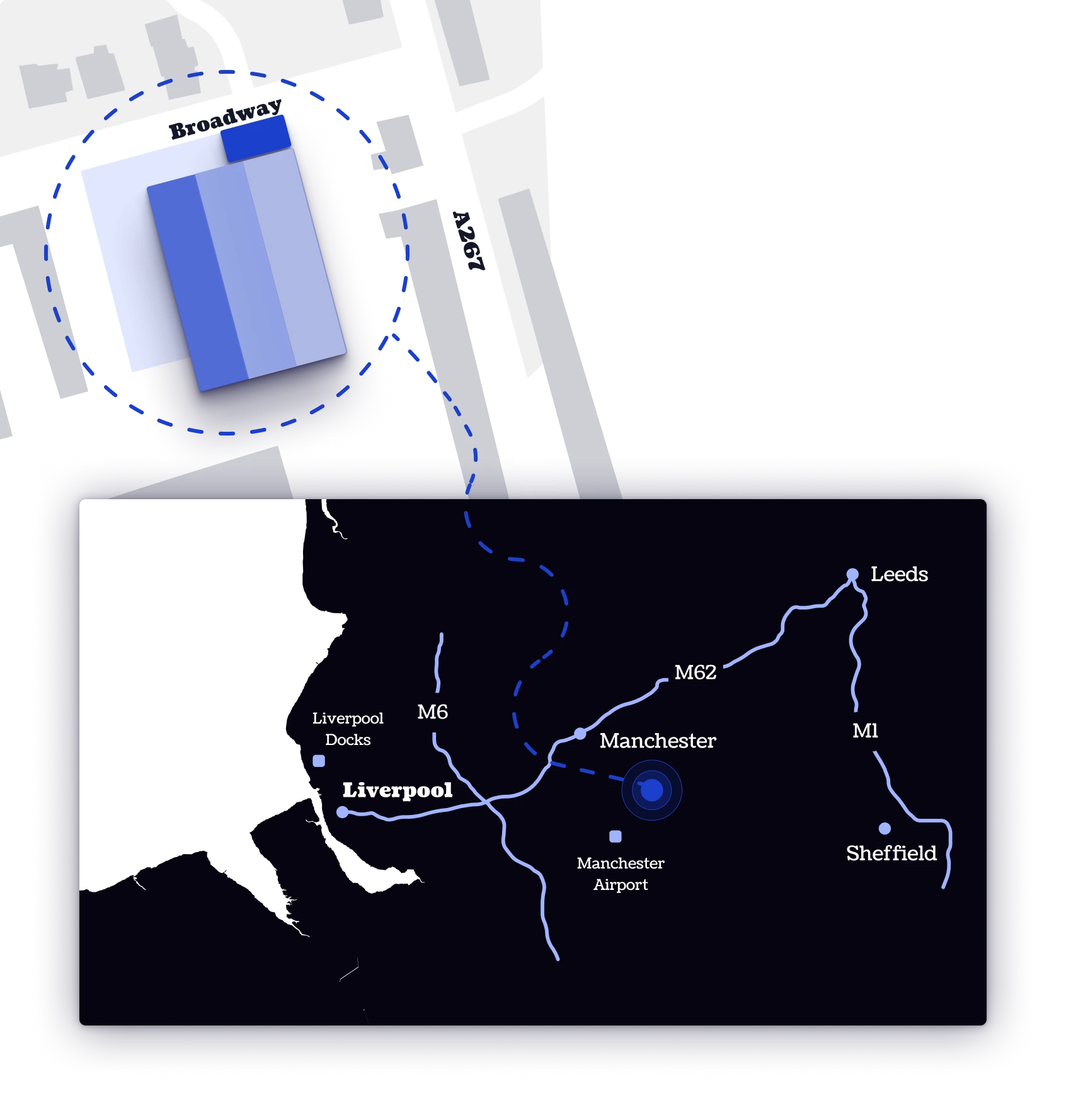 Map of the Hyde, Broadway area, regional connections and the M62 corridor